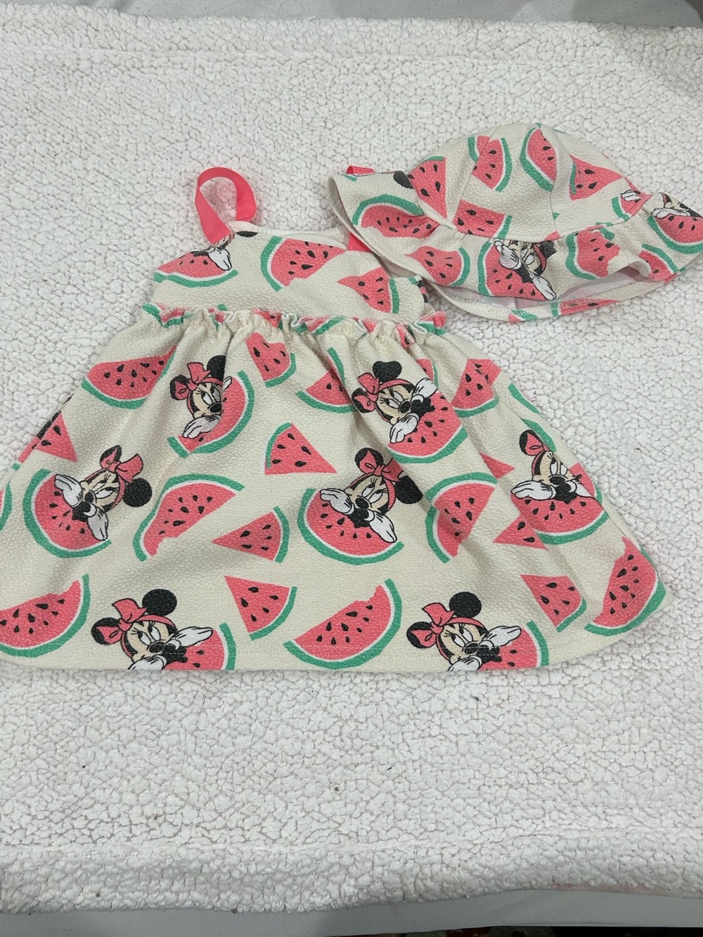 Disney Cream Sundress with Pink & Green Watermelon Print and Matching Hat